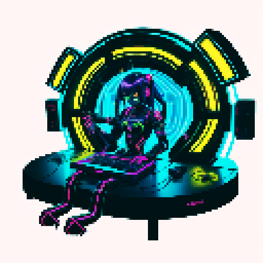 cute cyberpunk scorpion with human head, human head is anime inspired with vibrant hair, expressive eyes, and a playful smile, scorpion is playing computer games, tables with coca cola, scorpion's tail should be fully in the picture, bright yellow and cyan and light blue lights