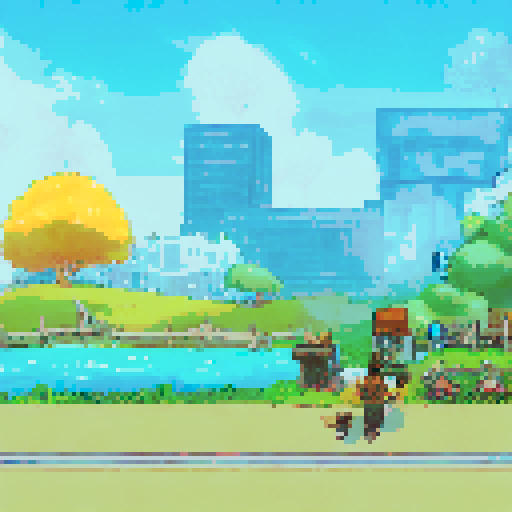 a pixel park with city background