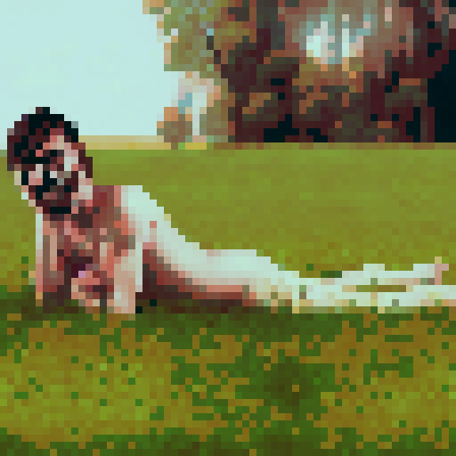 crazy, naked, long-haired man, sRGB, pixel art, grass field, front, background, landscape
