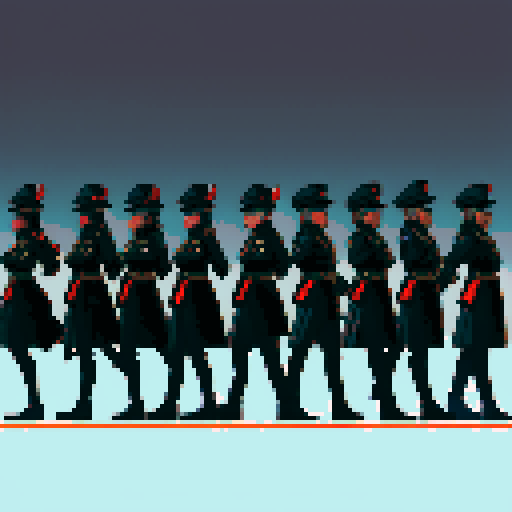 soldiers lined up, black uniforms, black hats, skull masks, lined up, facing camera, full-body image