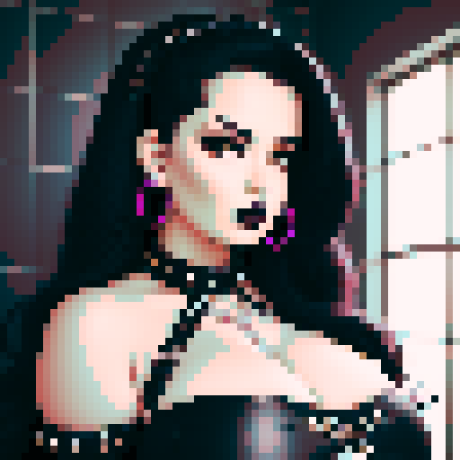 curvy, busty goth babe with studded collar. Full head portrait. big titty goth, in a close up glamour shot. Wearing Halter top. modern tile backsplash.