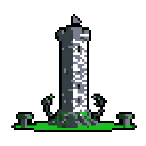 2d grey stone tower in an ancient english style. Old and crumbling but still upright. Green vines crisscross it. Usable as an asset (clear, thick lines and a white background). Put a black stroke around the composition