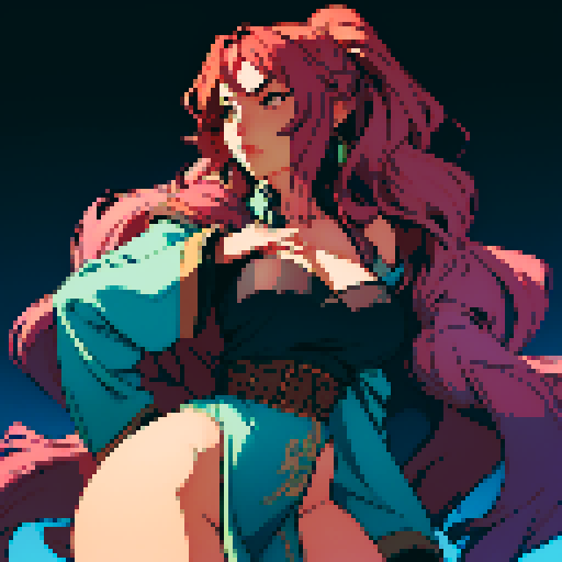 Seductive, curvaceous woman with flowing hair, skillfully pleasuring throbbing member, pixelated sRGB art style
