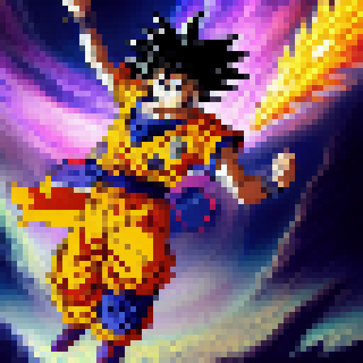 Goku wielding a glowing, golden staff battles a dragon with emerald scales amidst a sprawling, mystical landscape featuring towering, crystalline spires and a pulsing, purple sky in a fantastical RPG style.