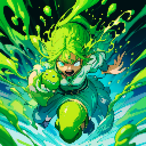 slime surging up around someone, slime engulfing a hero, slime consuming a hero, hero getting engulfed by slime, slime attack, dynamic, slime slamming into someone, impact, splashing slime, full-body image, full-body art, hero's hair and clothing color vary