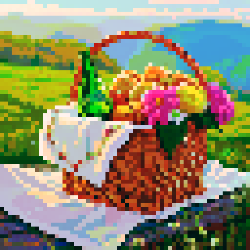 picnic basket with cloth, bouguet and green glass bottle inside
