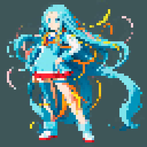anime girl with long, flowing hair, bright blue eyes, and a mischievous smile, standing proudly in a revealing school unifor, with a 16 bit style that pops against the sRGB color palette
