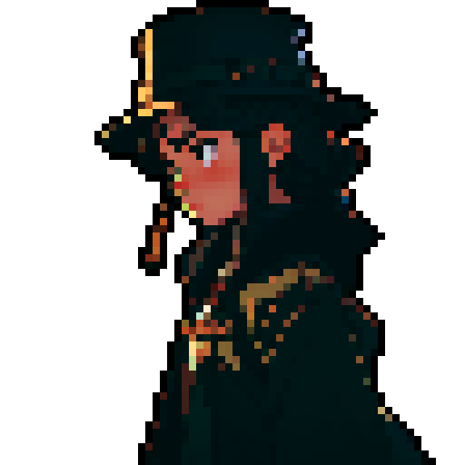 Dark night time in the forest background, dark background, profile picture, teen girl, rounded face, no eyebrow, black eyes, short black hair, brown coat, brown hat, small chest