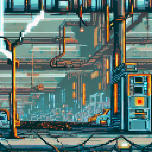 Run-down, apocalyptic atmosphere with dilapidated machinery and sparks flying in a pixel art, sRGB, background landscape of a Futuristic robot factory Towering metal structures and cracked concrete floors create an eerie ambiance, illuminated by flickering neon lights Rusty conveyor belts and broken windows reveal shattered glass, while discarded robot parts lie among overgrown vines Eerie shadows dance across abandoned control panels, with parallax effects adding depth to the scene