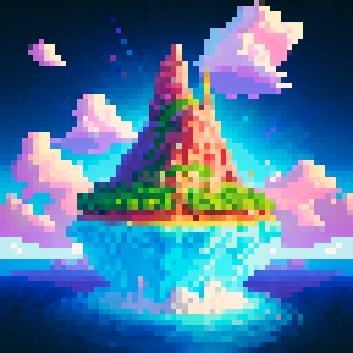 magic island floating in space, top down, pixel art, vibrant colors, sRGB, detailed terrain, lush forests, sparkling water, towering mountains, swirling clouds, glowing runes, ancient ruins, mystical creatures, hidden caves, celestial backdrop