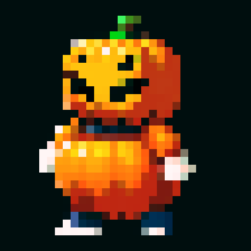 A headless horsemen character. This will be the player character. They have a pumpkin for their head. In some versions it will be without the head and will hold the pumpkin in its hands. But this version the player should have the pumpkin head. Headless horsemen also ride horses but I don't want that for this version. The head should be clearly visible.

The body should be short, with the body being about the same size as the head, maybe smaller, like in Mario games.