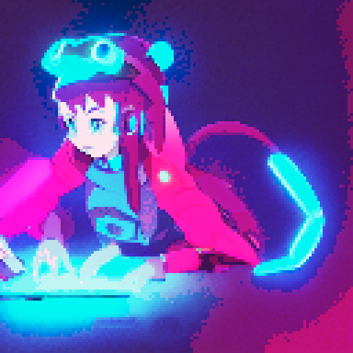 Cybernetic pink-haired hacker girl with a glowing neon visor, typing furiously on a holographic keyboard while her sleek black cat lounges on her lap