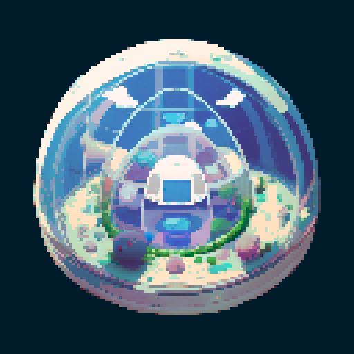 Inside of a sphere spaceship shaped like a gachapon with a clear top half looking out to space. inside the middle of the room is a space sleeping pod with a glass top. cozy white space theme 