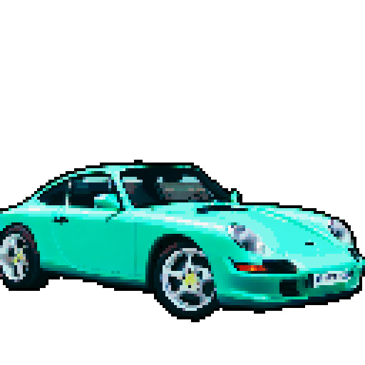 Photorealistic whole Porshe 911, three-quarter view, right front wheel, clean background, sRGB colors, pixel art style
