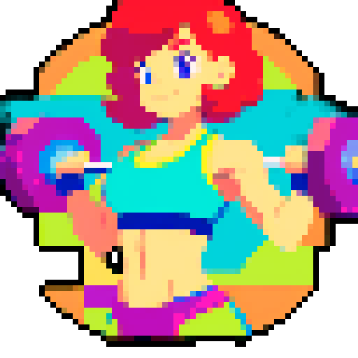 woman in vibrant, energetic gym attire, lifting weights with determination, surrounded by a retro-inspired pixel art background, showcasing a vivid sRGB color palette