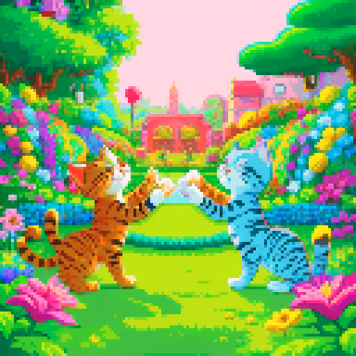 happy cats playing, vibrant colors, whimsical flowers, animated felines, lush greenery, detailed textures, playful expressions, intricate patterns, retro video game aesthetic, vibrant pixel art, lively atmosphere, enchanting garden, joyful felines, vivid hues, charming visuals
