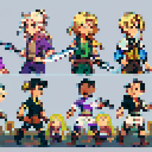 2D character, blond hair, vest, sword in hand, sprite sheet, walking, running, fighting animations, purple shirt, exposed chest, black hair, brown boots, muscle growth, pixel art style, sRGB colors
