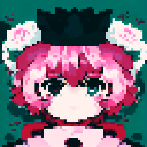 Pink roses bloom around a serene park with swings and trees while a character portrait shows a close-up of an anime-style figure in pixel art.