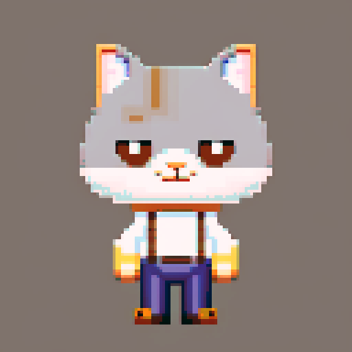 antropomorphic gray cat guy, smiling, brown pants