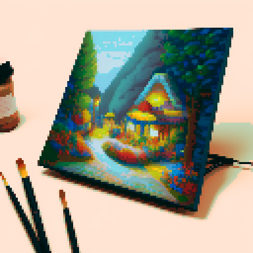 Colorful paints, paintbrushes, and palettes, scattered on a wooden table with bright studio lights, surrounded by sketches and drawings, capturing the essence of an artist's pixel art studio