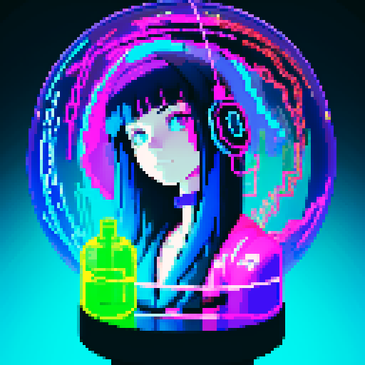 cyberpunk hacker girl, floating above a glowing gene bottle filled with swirling strands of DNA, rendered in pixel art with vibrant sRGB colors
