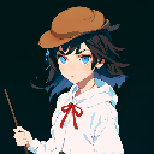 Girl, blue eyes, short black hair, small mouth, no emotion, white shirt, brown hat, red neck ribbon, holding an incense stick, forest background