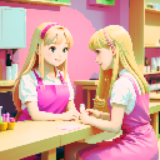 A girl with long blonde hair wearing a pink apron, a friend with short brown hair, sitting facing each other, table, nail salon.