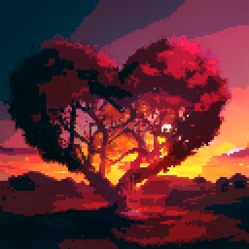 big heart-shaped tree in the foreground, vibrant sunset gradient in the background