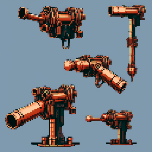 I want a tall vertical copper structure reminiscent of a minigun's barrel. It should have strange mechanical details that could interlock with each other. I also want this object usable an asset in a videogame, meaning only one object per image, outlined with a strong black stroke, on a solid-color background.