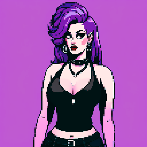 Plus size curvy, cute, busty greaser goth girl, with long purple hair, black eyeshadow, red lipstick. wearing low cut halter top and studded collar. Posing for upshot photo. whole head portrait, avatar photo. vibrant sRGB colors, pixel art, edgy aesthetic