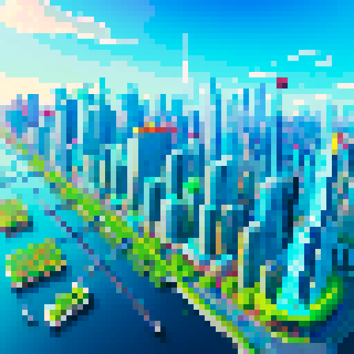 solar powered skyscrapers, vibrant green rooftops, bustling electric vehicles, floating solar farms, technicolor cityscape, pixelated solar panels, futuristic transportation network, sustainable energy infrastructure, cascading waterfalls of recycled rainwater, glowing neon signs