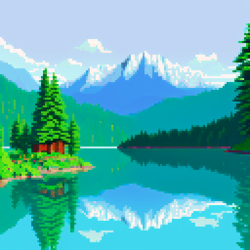 mountains looming, tall evergreens, shimmering lake, pixelated landscape