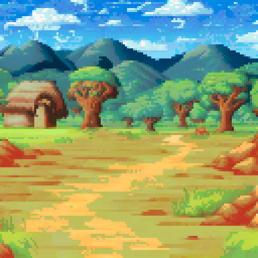 African village view with some forest and a blank foreground