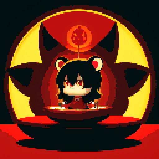 chibi bear, button eyes, gothic anime, plush brown fur, in a relaxed mascot pose, enveloped by a rich red background with artistic black shadows. Features a magic ball, a satanic pendant, profile picture avatar, and a softly glowing wax candle on a table draped in a red tablecloth. Created Using: retro pixel aesthetic, gothic atmosphere, shadow play, poster-style composition, mystical and magical elements, vivid colors, hd quality,