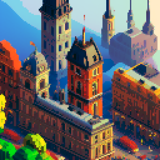steam clock tower, retro, vibrant colors, isometric view, pixelated bricks, billowing steam, gears and cogs, intricate architecture, whimsical, bustling city, cobblestone streets, towering presence, nostalgic feel, charming details