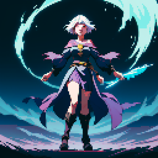 full-body image, sorceress facing right, sorceress ready to fight, evil sorceress, floating, arms out, magic circles, magic power, spell, evil sorceress, evil witch, magic symbols, sRGB, pixel art
