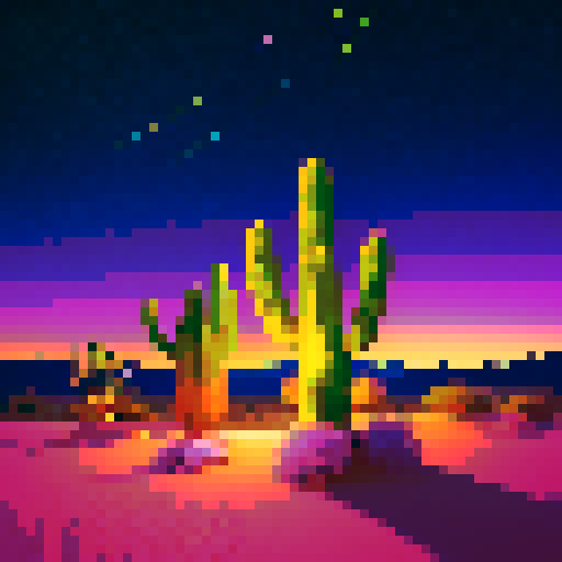 Desert dunes, glowing under a starlit sky, with cacti towering above, all depicted in vibrant pixel art with a striking sRGB color palette