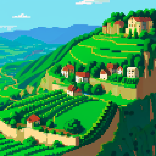 green ridge with exposed rock, small town and vineyards below