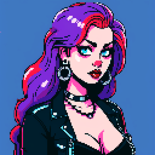 busty greaser goth girl, with long purple hair, blue eyeshadow, red lipstick. wearing bikini, studded collar. Posing for a whole head portrait, avatar photo. vibrant sRGB colors, pixel art, edgy aesthetic