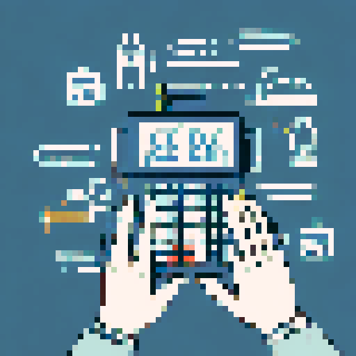 Business Administration: Minimalist desk with a sleek retro calculator, stack of papers neatly arranged, soft muted colors, lofi pixel art, character portrait, close up, anime style