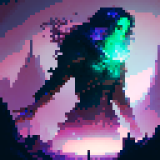 female necromancer, long dark hair, full body, action pose, swirling purple and green magic, mysterious ruins, ethereal glow, intricate staff, flowing robes, intense gaze, dark shadows, ancient spellbook, fantasy RPG