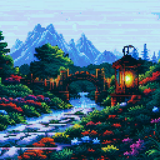lantern light, shimmering glow, rustic wooden lantern, flickering flames, illuminating a tranquil garden, vibrant pixelated flowers, towering mountains in the distance, serene moonlit sky, sRGB color palette, detailed pixel art, immersive background, picturesque landscape