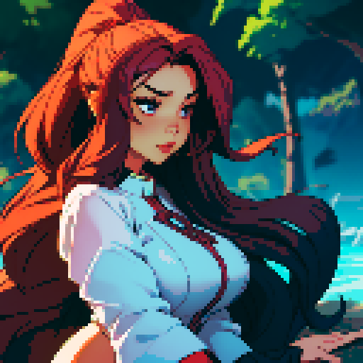 A seductive, curvaceous woman with flowing hair, skillfully pleasuring a throbbing member, in a pixelated, sRGB art style