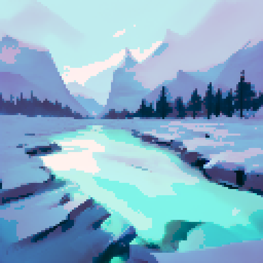 billowing northern lights reflected in a frozen river between high mountains over icy tundra and pines neon blue and pink with dark colors too