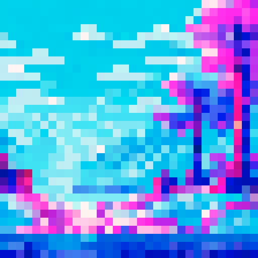 Stylized P, pixel art, sRGB, Permafrost RPG, icy landscape, snowy mountains, frozen trees, shimmering aurora, vibrant colors, magical crystals, immersive background