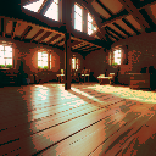 A rustic indoor battleground with a polished wooden floor in the foreground, slightly tilted and sloping upward into the distance. The bottom-left corner is clear and open for a player's perspective, while the middle-right displays warm-toned brick walls, wooden beams, and scattered antique furniture. Soft ambient lighting creates shadows and a cozy, enclosed setting suitable for a balanced battle environment.