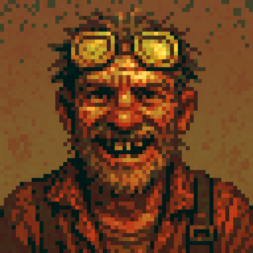 64x64 pixel art portrait, front-facing bust. Rusty the Wasteland Mechanic NPC from post-apocalyptic survivor game. Weathered face with scruffy graying beard, cracked yellow safety goggles pushed up on forehead, wild manic grin showing gap-toothed smile. Dirt-smeared skin, oil stains on cheeks. Worn brown leather vest over faded orange work shirt. One suspender visible. Mad Max aesthetic meets 16-bit RPG character portrait. Muted palette: rust browns, dusty oranges, weathered grays, dirty yellows