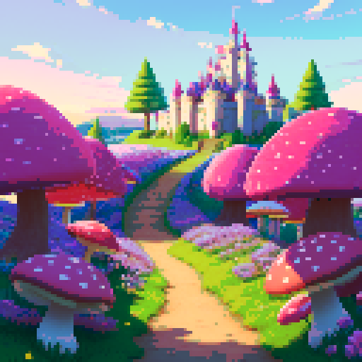 A magical battle arena with a slightly tilted grassy battlefield in the foreground, sloping upward into the distance. The bottom-left corner is clear for the player's perspective, while the middle-right shows vibrant mushrooms, glowing flowers, and the path leading toward a tall, enchanting castle in the background. The entire scene is framed by luminous trees and pastel skies, blending whimsy with balance.