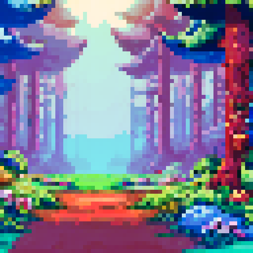 Forest background, tall green trees, sunlight beams, small dirt trail, birch trees, oak trees, dogwood trees, rocks, grass, flowers, mushrooms, plant life, sRGB, pixel art, landscape