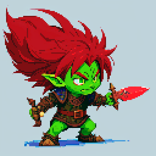 Fantasy Medieval Goblin Warrior, fierce and battle-worn, brandishing a wickedly curved blade, with glowing green eyes and spiky crimson hair, depicted in pixel art style, vibrant and vibrant colors in the sRGB color space